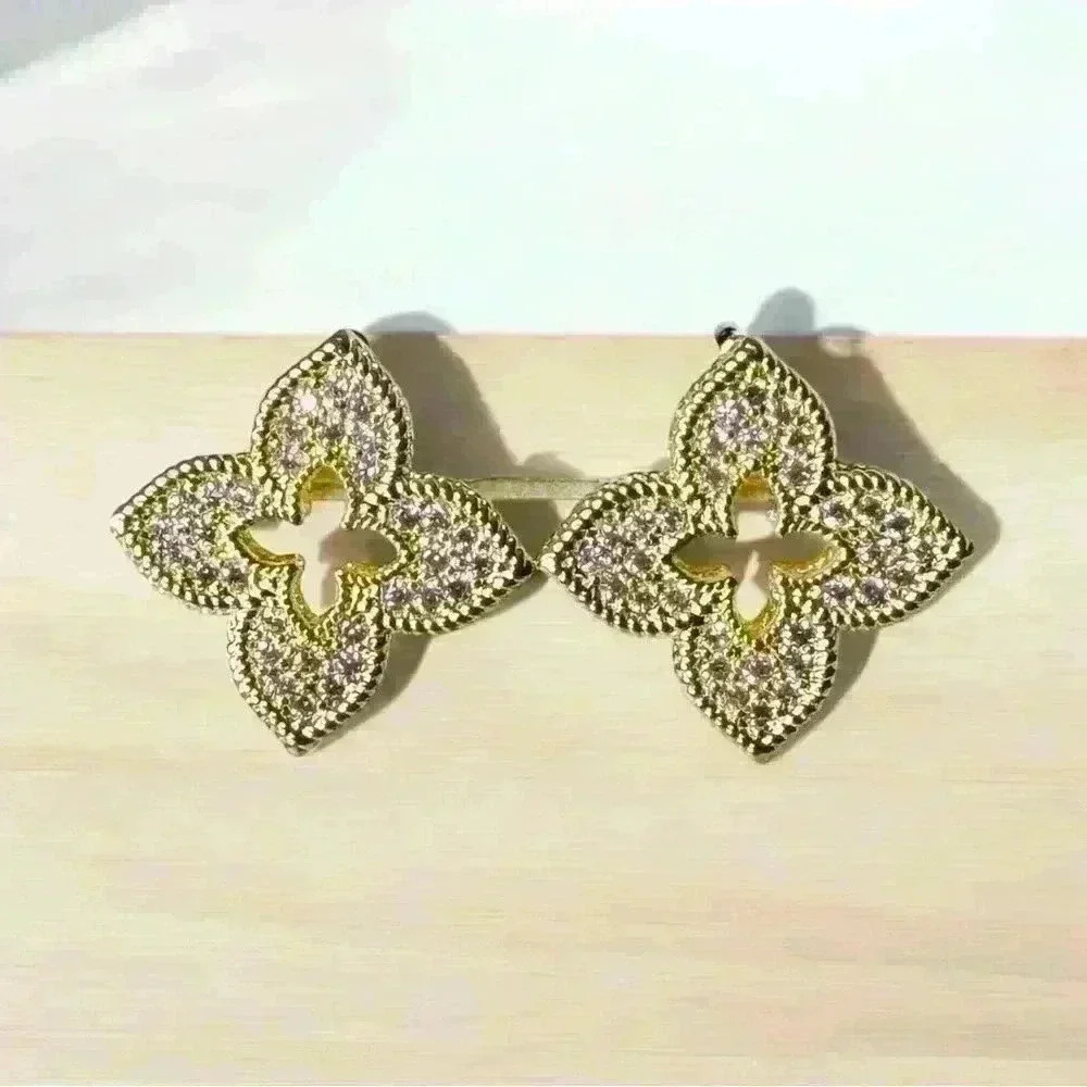 14K GF Quatrefoil Pave Earrings
